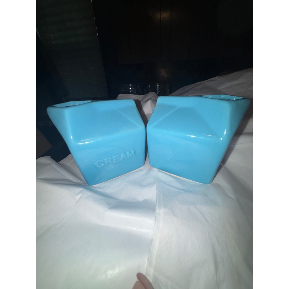 Set of 2 Cream Mugs Blue Ceramic Coffee Tea Cup Geometric Design